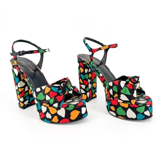 Saint Laurent Bianca Platform Sandals Size 38.5 US 8.5 Multicolor Heart Satin - Picture 1 of 14